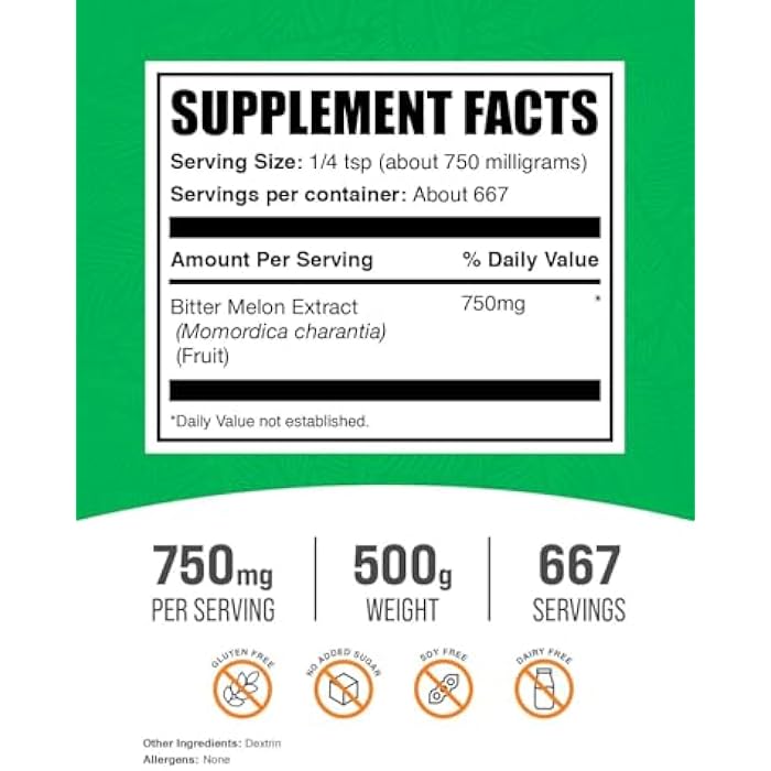 BulkSupplements.com Bitter Melon Extract Powder - Bitter Melon Supplement, Bitter Gourd Extract - Herbal Supplement, Gluten Free, 750mg per Serving, 500g (1.1 lbs) (Pack of 1) - Image 2