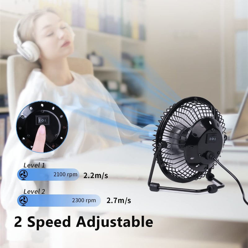 Zuvas Desk Fan Quiet Small USB Fan 360Â° Rotation Portable Table Fan 2 Speed Mini Personal Fan Air Cooling Electric Fan for Home Office Bedroom Travel Camping, 4 inch Black - Image 3