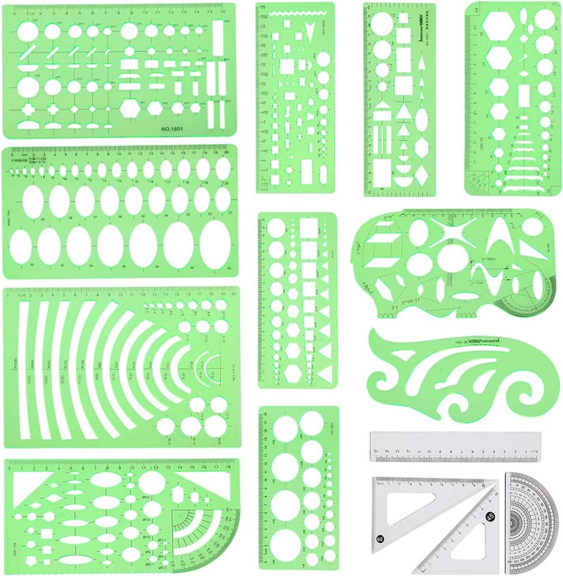 Angrox Geometric Drawing Templates Set - 15 Pieces with File Bag for Design, School, and Office Use - Image 1