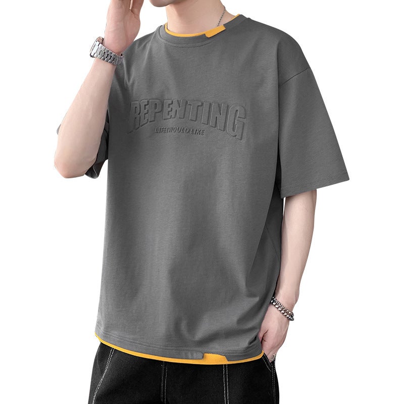 Fake Two-piece Short-sleeved T-shirt Boys Summer Trendy Loose Teenage Junior High School Students Half-sleeved Top - Image 1
