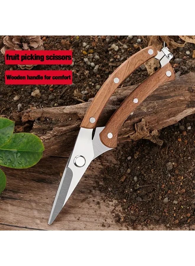 1pc Wooden Handle Fruit Picking Scissors Stainless Steel Non Slip For Gardening Pruning Grafting Ergonomic Garden Tool - Image 1