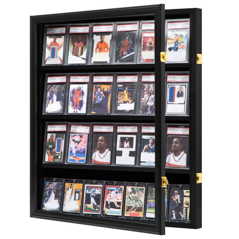 Grintus Baseball Card Display Case 24 Graded Sport Card Display Case Wall Mount with Clear View and UV Protection Acrylic Door for Baseball Football Basketball Hockey Trading Card Collection Black