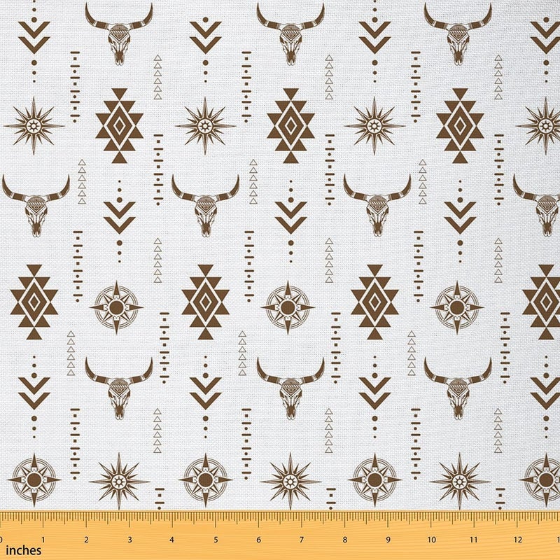 Erosebridal Rustic Bull Skull Fabric By The Yard,Ethnic Western Aztec Upholstery Fabric for Chairs Sofa,Geometric Diamond Decorative Fabrics,White Gold Bohemian Indoor Outdoor Decor,1 Yard - Image 1