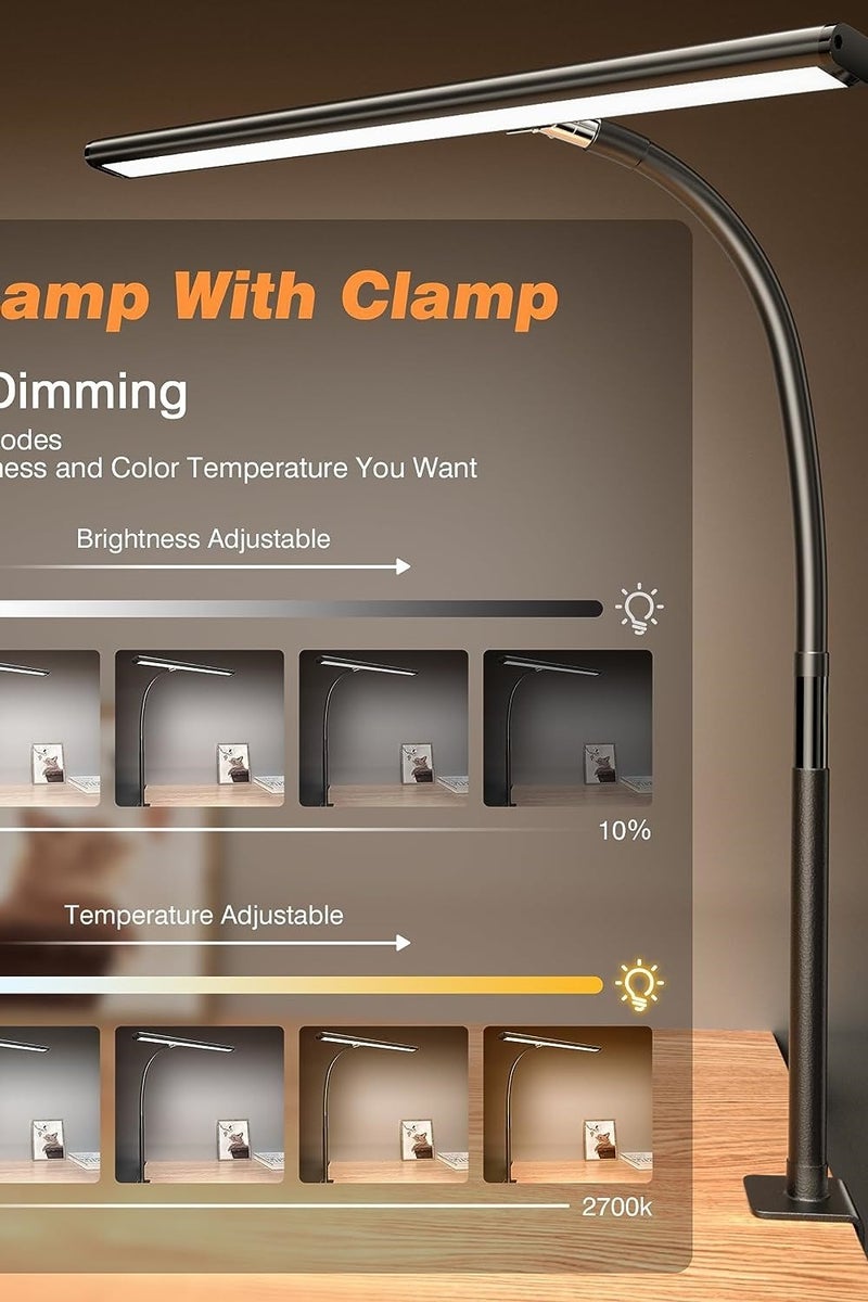 LED Desk Lamp for Office Home, Eye-Caring Desk Light with Stepless Dimming Adjustable Flexible Gooseneck, 10W USB Adapter Desk Lamp with Clamp for Reading, Study, Workbench (Black) - Image 2