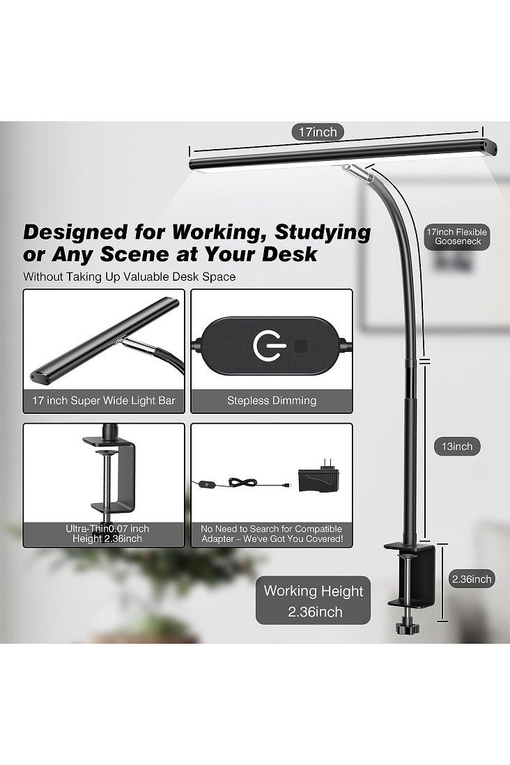 LED Desk Lamp for Office Home, Eye-Caring Desk Light with Stepless Dimming Adjustable Flexible Gooseneck, 10W USB Adapter Desk Lamp with Clamp for Reading, Study, Workbench (Black) - Image 4