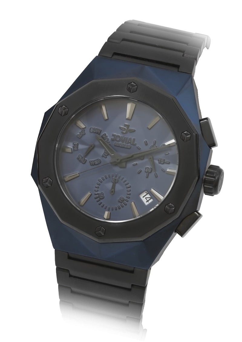 JOVIAL 1505GBMC04E Black Stainless Steel Men's Watch, Bold Geometric Design, Blue Dial, Multifunction Movement, 45MM - Image 2