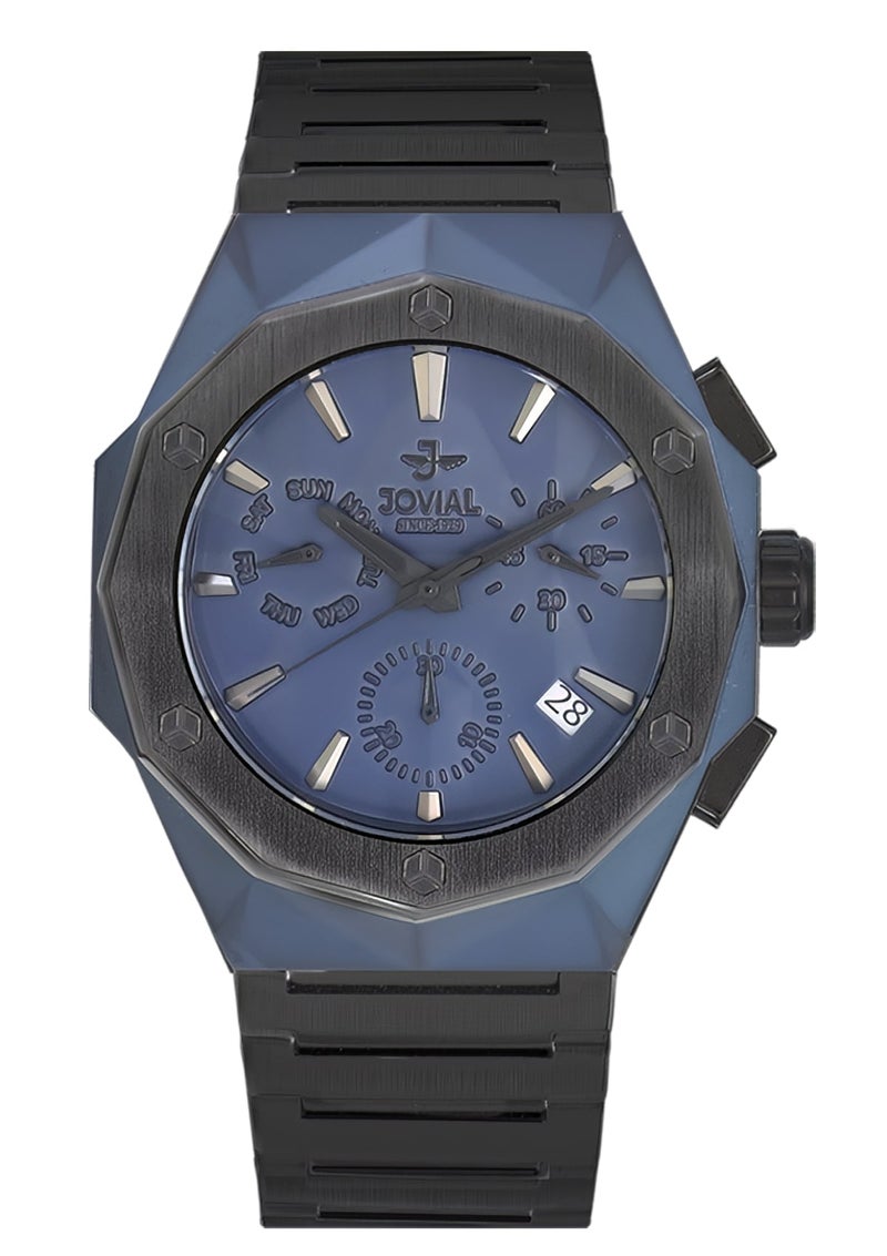 JOVIAL 1505GBMC04E Black Stainless Steel Men's Watch, Bold Geometric Design, Blue Dial, Multifunction Movement, 45MM - Image 1
