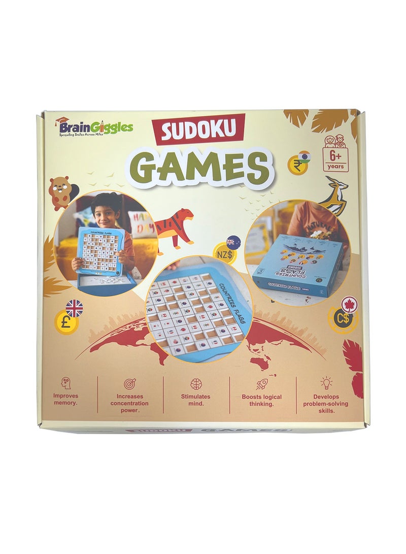 BrainGiggles Wooden Sudoku Game Country Flags Board Games for Kids, Wooden Sudoku Puzzle Board for Kids 6,7,8,9,10 - Image 1