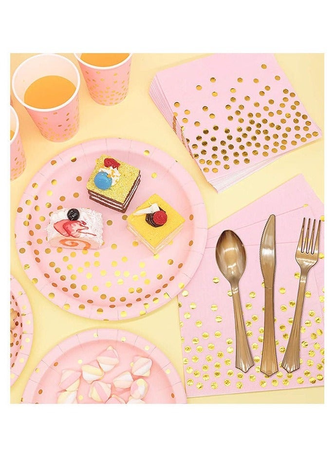 سوفام مجموعة 200 من مستلزمات الحفلات الوردية من نوع PCS، 25 من أدوات المائدة الورقية التي يتم التخلص منها، والأطباق، والمناديل، والكؤوس، ومجموعة البلاستيك الذهبية للزفاف، وأعياد الميلاد، ودش الأطفال، والعطلات (الوردية) - Image 4