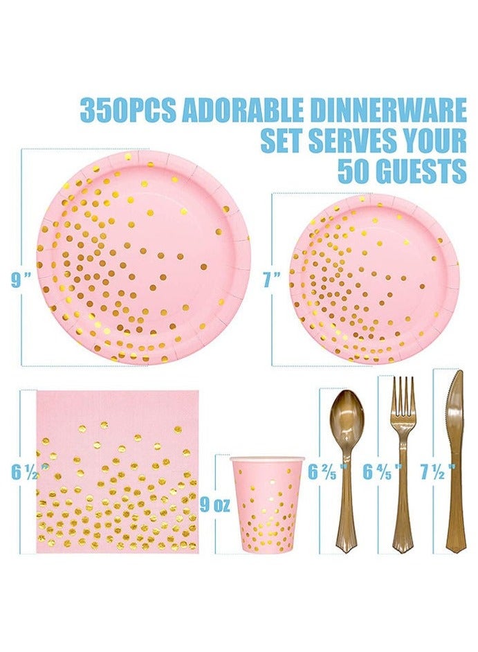 سوفام مجموعة 200 من مستلزمات الحفلات الوردية من نوع PCS، 25 من أدوات المائدة الورقية التي يتم التخلص منها، والأطباق، والمناديل، والكؤوس، ومجموعة البلاستيك الذهبية للزفاف، وأعياد الميلاد، ودش الأطفال، والعطلات (الوردية) - Image 2