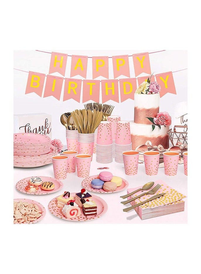 سوفام مجموعة 200 من مستلزمات الحفلات الوردية من نوع PCS، 25 من أدوات المائدة الورقية التي يتم التخلص منها، والأطباق، والمناديل، والكؤوس، ومجموعة البلاستيك الذهبية للزفاف، وأعياد الميلاد، ودش الأطفال، والعطلات (الوردية) - Image 3