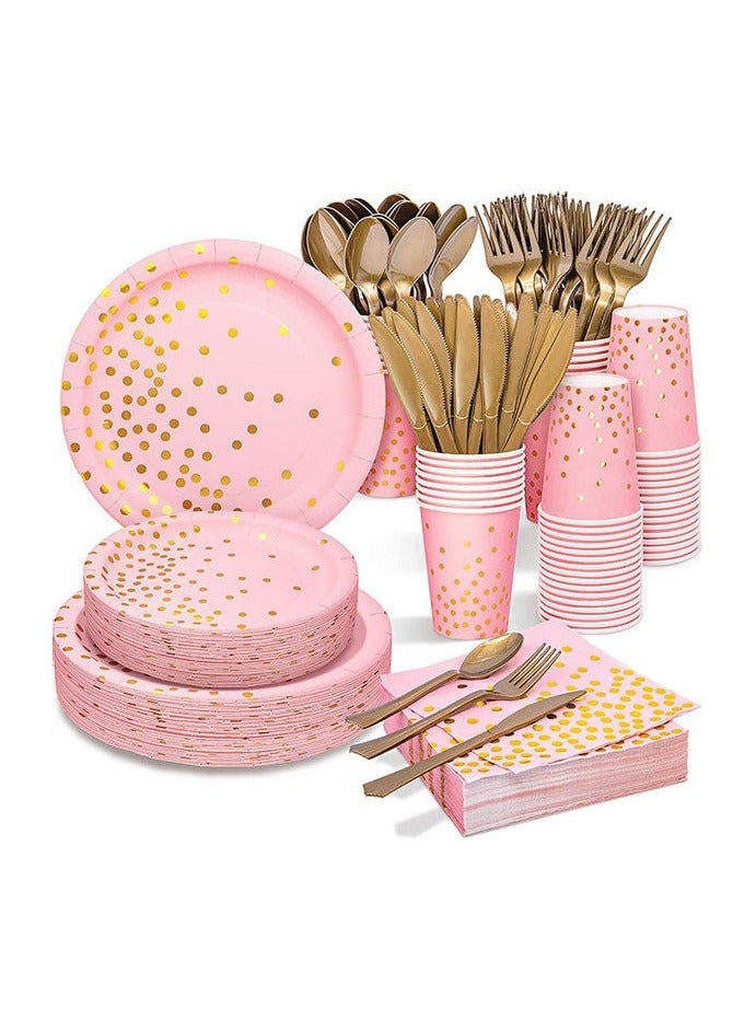 سوفام مجموعة 200 من مستلزمات الحفلات الوردية من نوع PCS، 25 من أدوات المائدة الورقية التي يتم التخلص منها، والأطباق، والمناديل، والكؤوس، ومجموعة البلاستيك الذهبية للزفاف، وأعياد الميلاد، ودش الأطفال، والعطلات (الوردية) - Image 1