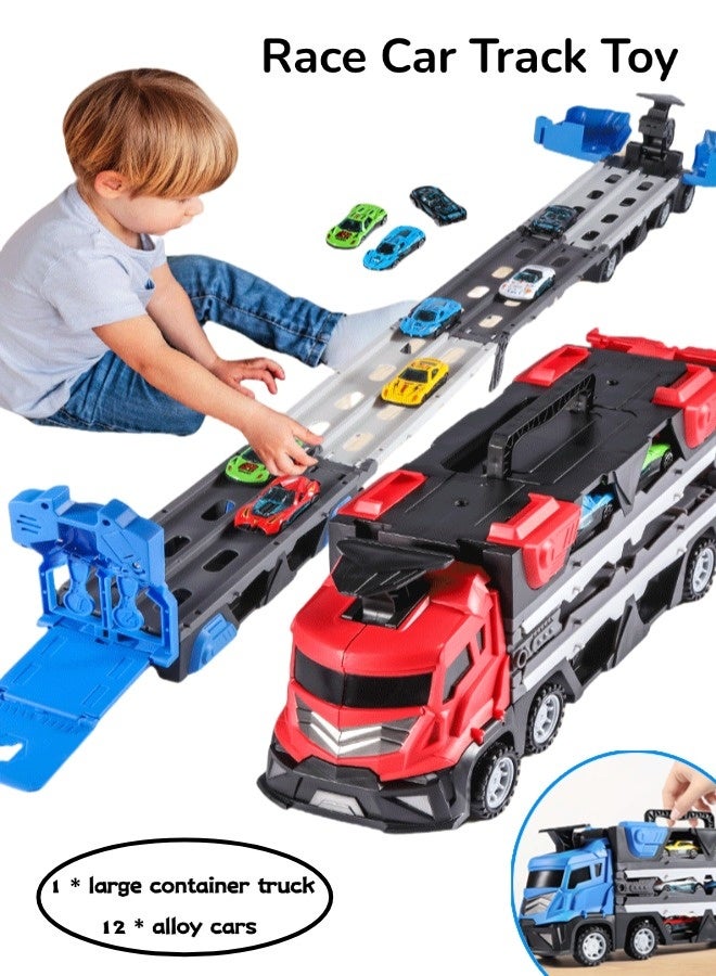 Race Car Track Toy, Truck Toy with Slots & Foldable Race Tracks, Versatile Transforming Truck with Dual Race Tracks, Container Truck Toy with 12 Alloy Cars(Random Color), for 3+ Kids Boys Girls.  - Image 1