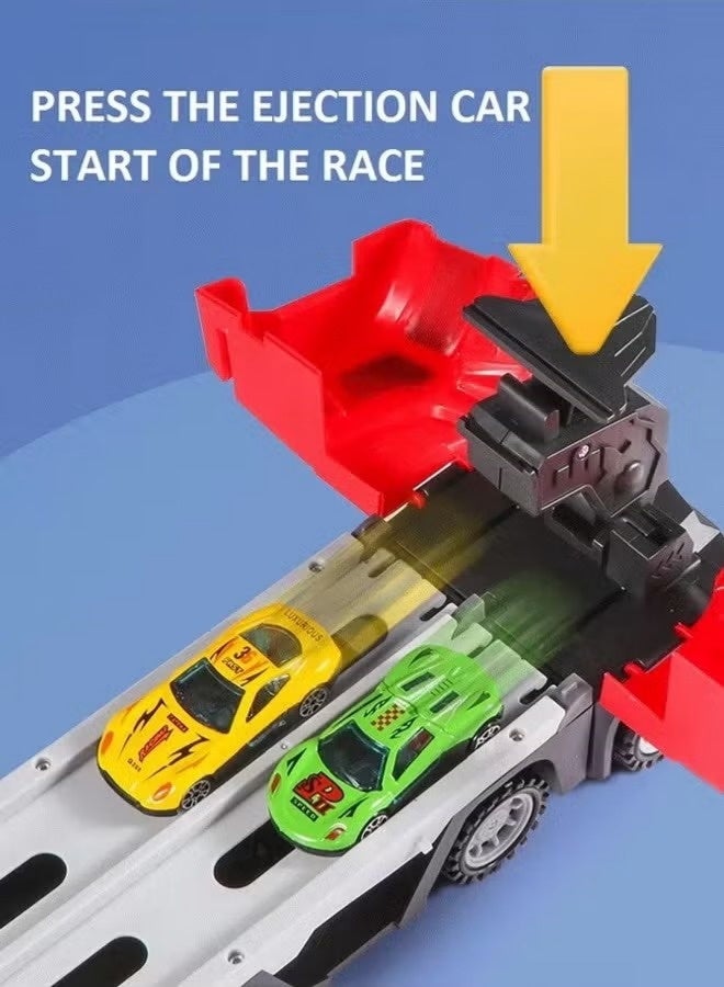 Race Car Track Toy, Truck Toy with Slots & Foldable Race Tracks, Versatile Transforming Truck with Dual Race Tracks, Container Truck Toy with 12 Alloy Cars(Random Color), for 3+ Kids Boys Girls.  - Image 4