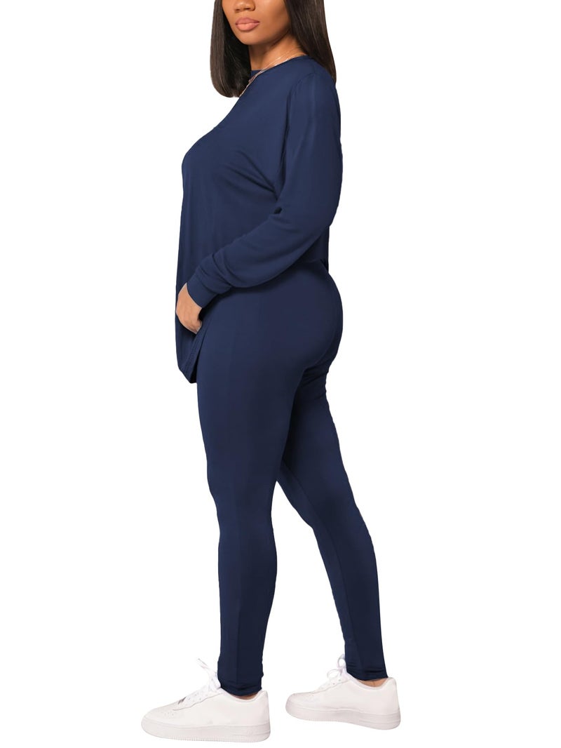 HBQ Women's Casual 2 Piece Outfits Long Sleeve Sweatsuits Drop Shoulder Tracksuits Biker Workout Jogger Sets Dark Blue 2XL - Image 4