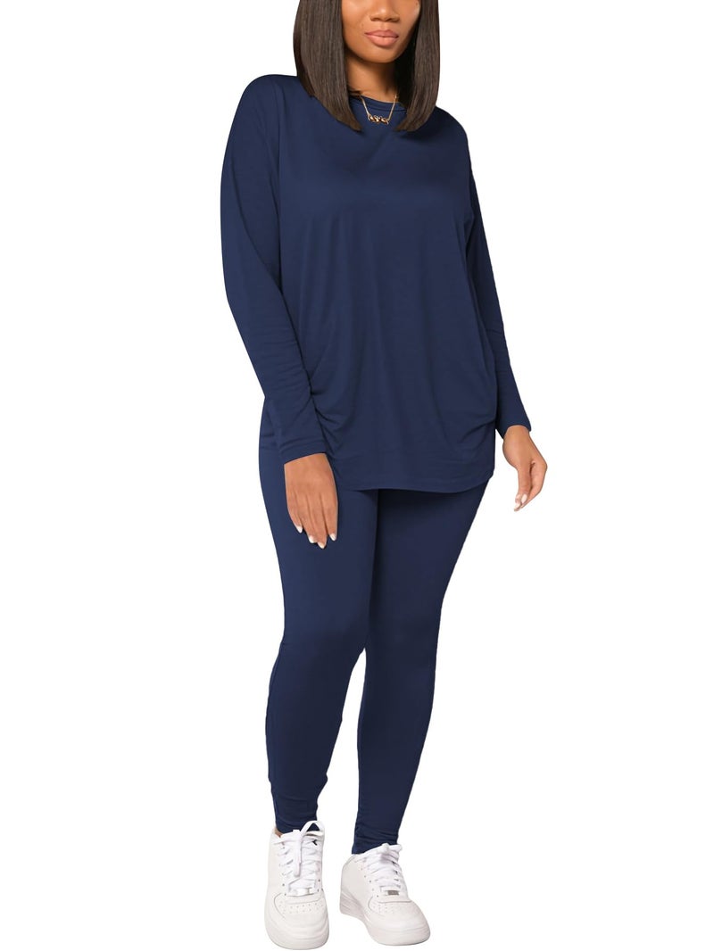 HBQ Women's Casual 2 Piece Outfits Long Sleeve Sweatsuits Drop Shoulder Tracksuits Biker Workout Jogger Sets Dark Blue 2XL - Image 2