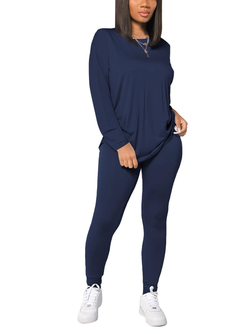 HBQ Women's Casual 2 Piece Outfits Long Sleeve Sweatsuits Drop Shoulder Tracksuits Biker Workout Jogger Sets Dark Blue 2XL - Image 1