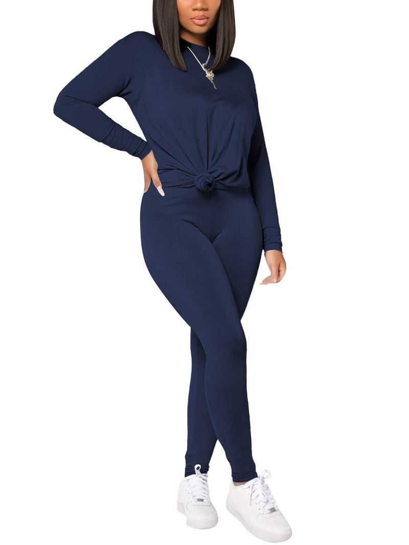 HBQ Women's Casual 2 Piece Outfits Long Sleeve Sweatsuits Drop Shoulder Tracksuits Biker Workout Jogger Sets Dark Blue 2XL - Image 3