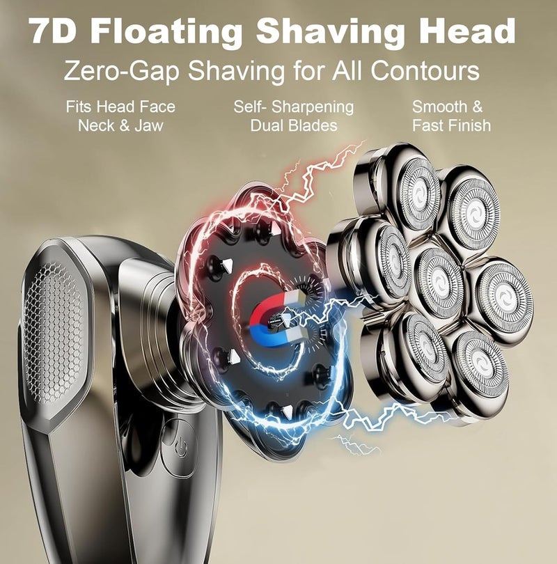 AntExpanse ماكينة حلاقة رأس 7D للرجال الصلع، ماكينة حلاقة كهربائية مغناطيسية قابلة للفصل مطورة، ماكينة حلاقة دوارة مقاومة للماء IPX7 للاستخدام الجاف والرطب مع شاشة LED، مجموعة حلاقة احترافية قابلة لتعديل 3 سرعات (فضي) - Image 2