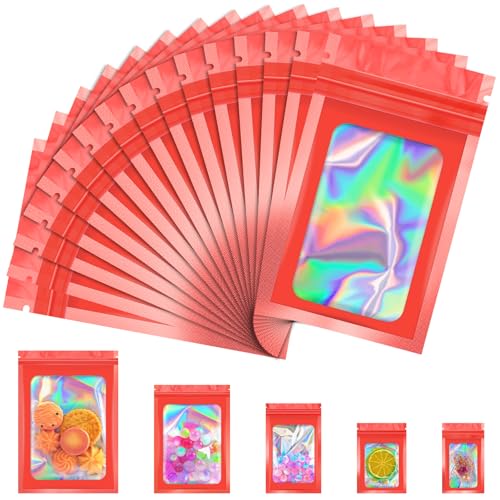JETMORE 100 Pcs Mylar Bags, Smell Proof Bags Foil Pouch, Holographic Resealable Bags for Small Business, Candy Sample Jewelry Bag Sealable Packaging for Party Favor Food Storage (3x5in-Red) - Image 1