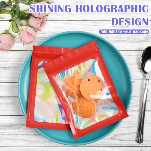 JETMORE 100 Pcs Mylar Bags, Smell Proof Bags Foil Pouch, Holographic Resealable Bags for Small Business, Candy Sample Jewelry Bag Sealable Packaging for Party Favor Food Storage (3x5in-Red) - Image 2