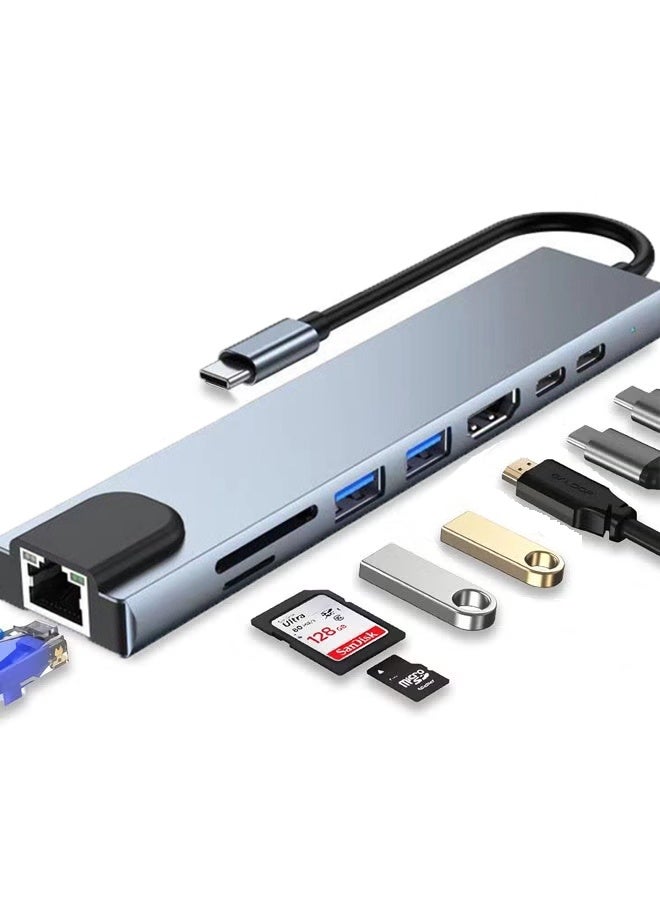 بولوز محول USB C HUB، محول USB C 8 في 1 مع 4K HDMI، 100W PD، منفذ USB C، USB 3.0، RJ45 Ethernet، قارئ بطاقات SD/TF، محطة إرساء متوافقة مع أجهزة MacBook Pro/Air USB C المحمولة وأجهزة أخرى من النوع C - Image 1