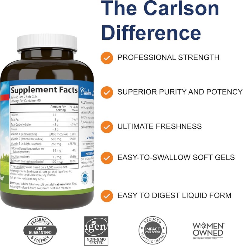 Carlson  ACES  Zn Vitamins A C E  Selenium  Zinc Cellular Health  Immune Support Antioxidant 180 Softgels - Image 2