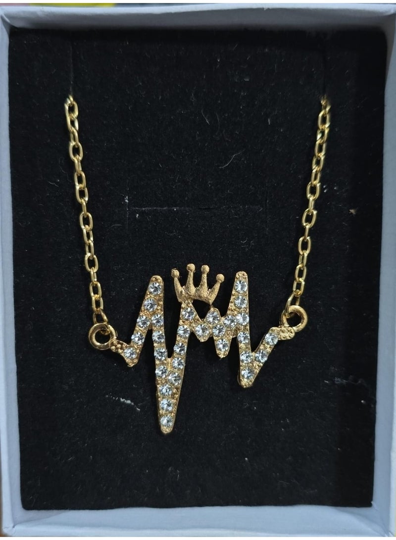 قلادة تاج نبضات القلب ECG – سلسلة قلادة مرصعة بأحجار الراين بلون ذهبي - Image 1