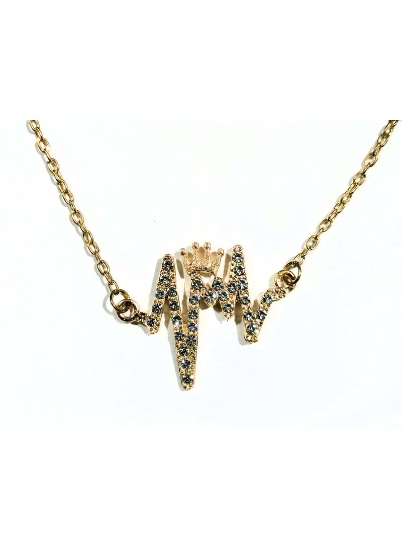 قلادة تاج نبضات القلب ECG – سلسلة قلادة مرصعة بأحجار الراين بلون ذهبي - Image 3