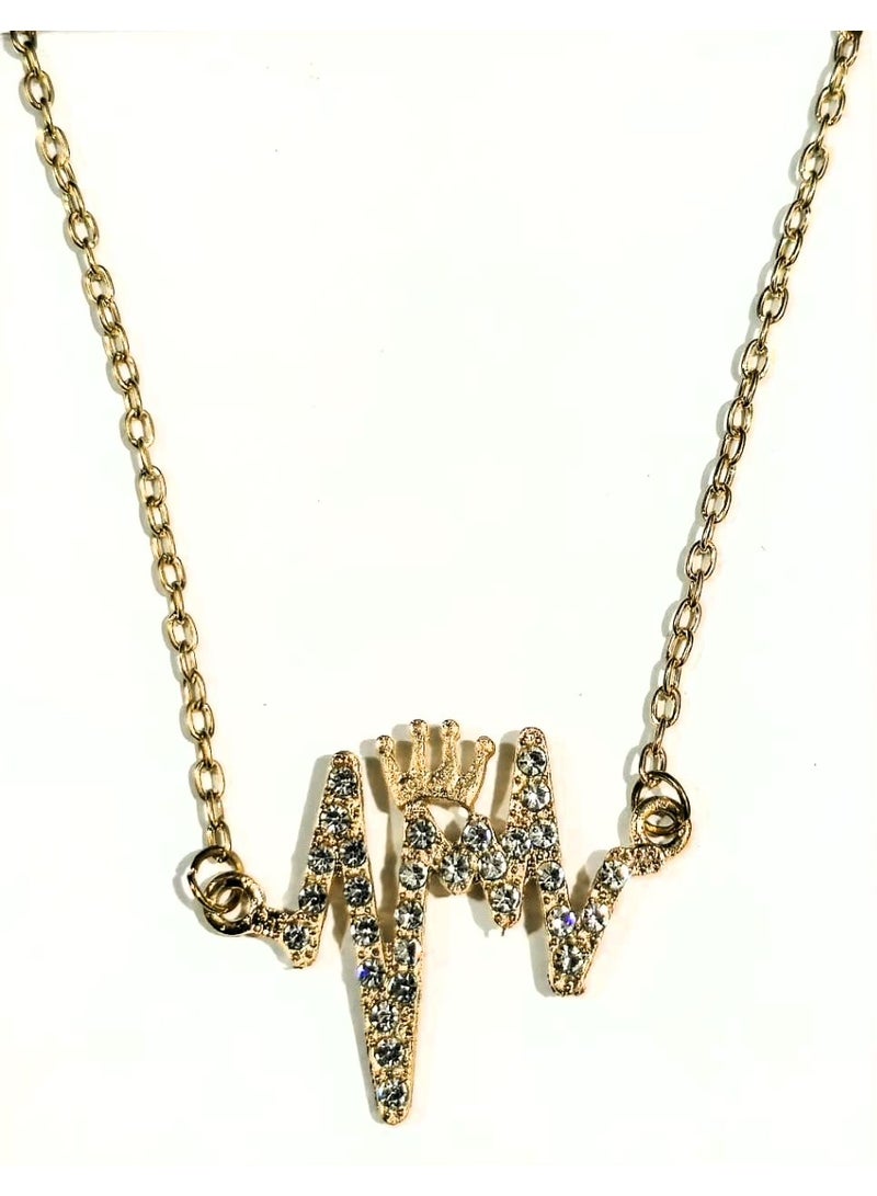 قلادة تاج نبضات القلب ECG – سلسلة قلادة مرصعة بأحجار الراين بلون ذهبي - Image 4