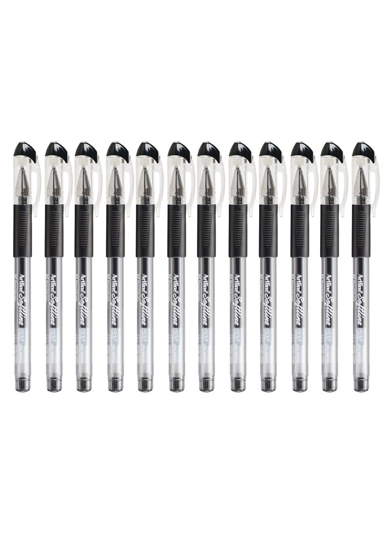 Artline 12 Pieces Pen 1500 Softline Gel Inked, Rubberized Soft Grip, Fine 0.5mm, Color:Black-ARBNEGB-1500BK - Image 1