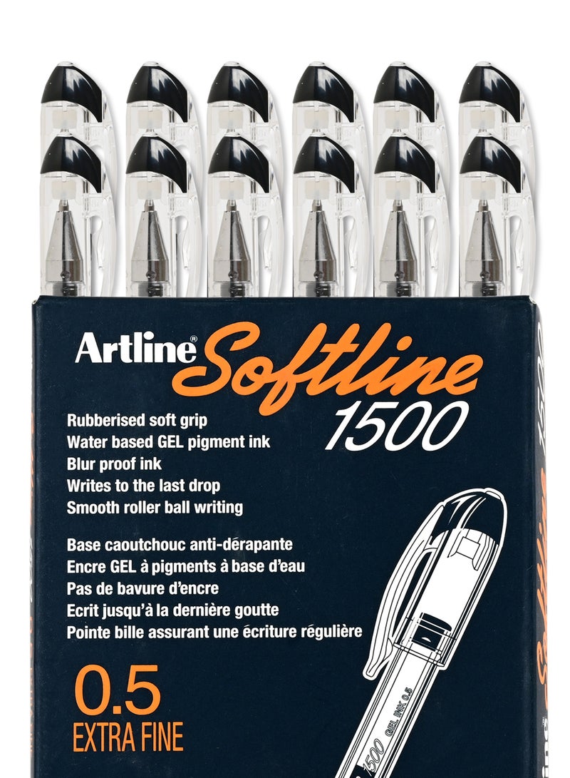 Artline 12 Pieces Pen 1500 Softline Gel Inked, Rubberized Soft Grip, Fine 0.5mm, Color:Black-ARBNEGB-1500BK - Image 2