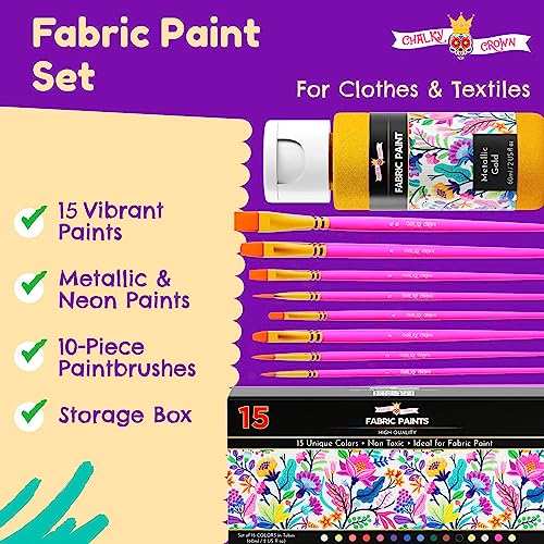 CHALKY CROWN Permanent Fabric Paint for Clothes, 15 Colors for Canvas, Textile, Fabric Paint Set - Child Safe Paint for Fabric with 10 Brushes & Storage Box (60ml each) - Image 2