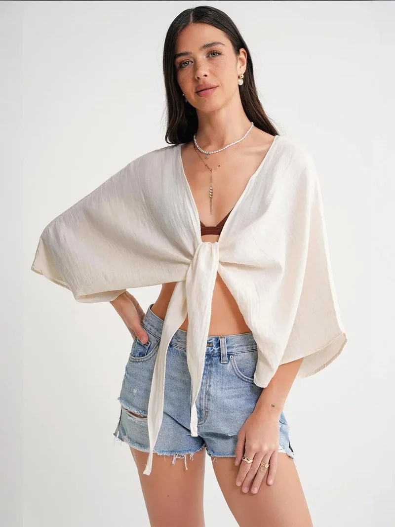 MixRay Mixray Textured V-Neck Bolero Blouse