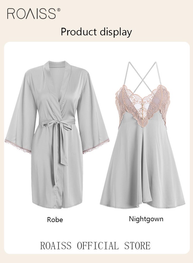 roaiss 2-Piece Set of Women Pajamas with V-Neck Design Women Home Wear Set Same Color Outer Robe and Lace Element Nightgown  - Image 5