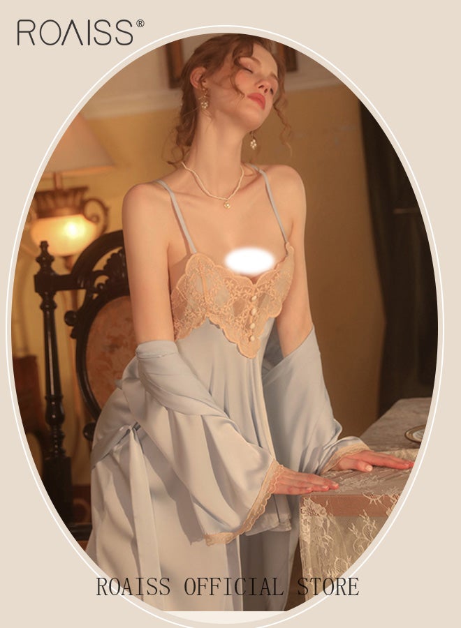 roaiss 2-Piece Set of Women Pajamas with V-Neck Design Women Home Wear Set Same Color Outer Robe and Lace Element Nightgown  - Image 4