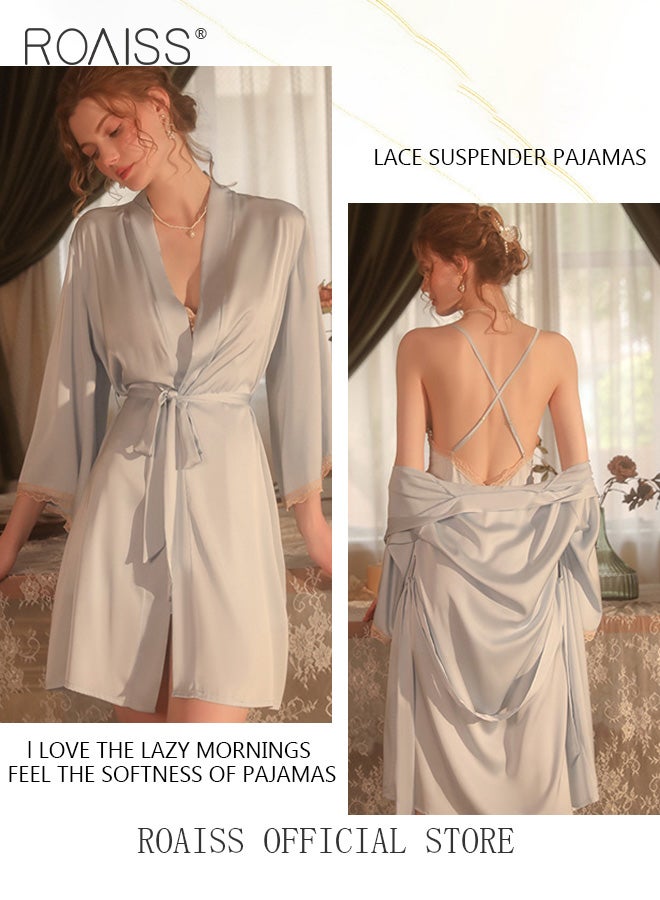roaiss 2-Piece Set of Women Pajamas with V-Neck Design Women Home Wear Set Same Color Outer Robe and Lace Element Nightgown  - Image 3
