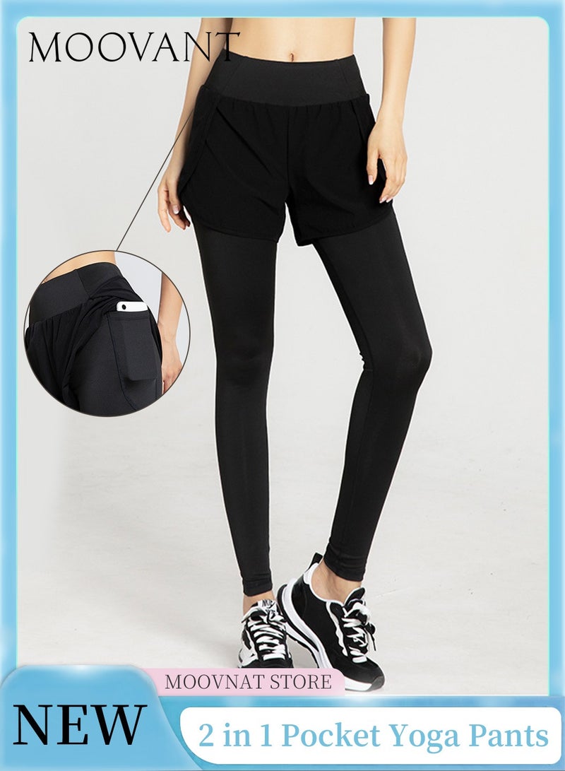 Moovant 2 in 1 Skinny Sweatpants with Pocket, High Waist, Elastic, Hip Lift, Fitness Quick Dry, Running, Yoga Pants, Sports Leggings for Women, Crotch Concealment Tight-fitting Trousers, Black  - Image 1