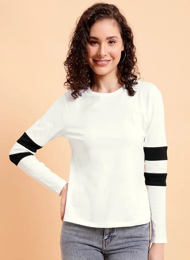 MINT STREET White Long Sleeve Cotton T-Shirt for Women