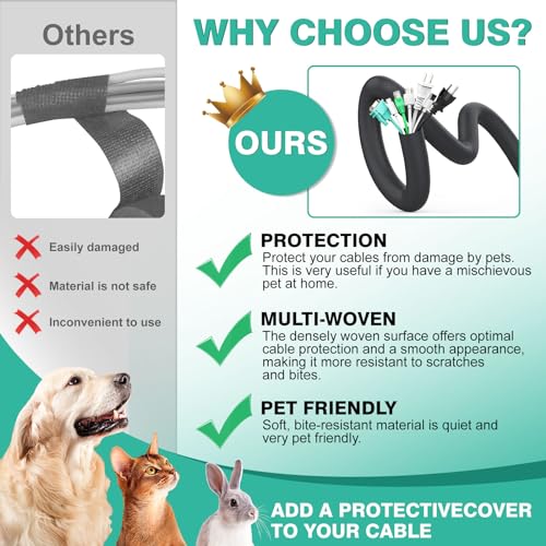 UOMTFAI Dog Cat Cord Protector 10ft - 1/2inch, Flexible Cable Sleeve for Easy Cord Management, Protects Cables from Pets Chewing, Ideal for USB, Power, Audio and Video Cords - Black - Image 2