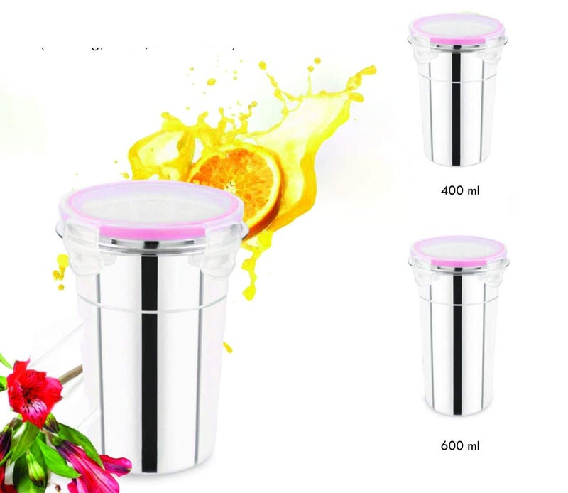 INVOSS Stainless Steel Tumbler for Traveling Tiffin for Coffee Tea Beer Milk Lassi Butter Milk Glass Tumbler with Airtight Cap Set 400ml600ml - Image 2