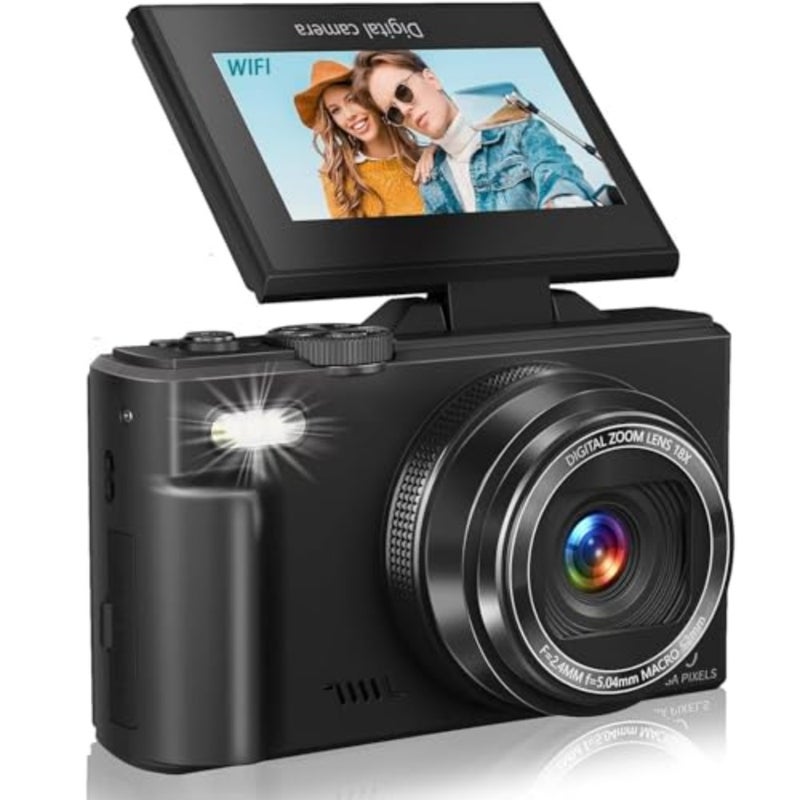 5K Digital Camera for travel photography, ABS plastic body, black, 18X zoom with anti-shake and 180 flip screen - Image 1