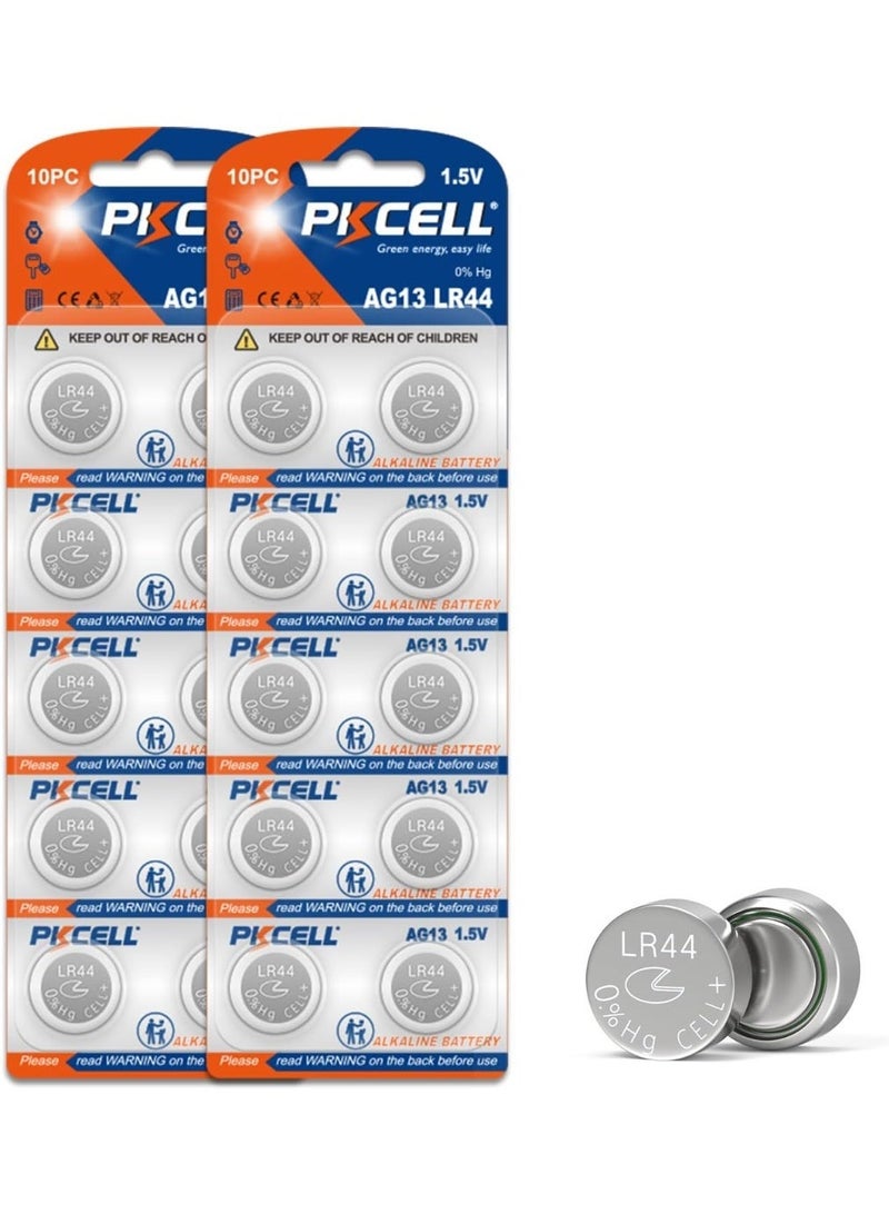 PKCELL LR44 AG13 1.5V Alkaline Button Cell Battery 158mAh Pack of 20 | A76 L1154 357 Coin Batteries for Toys, Watches & Thermometers - Image 1