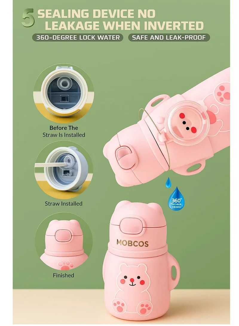 موبكوس Mobcos Cute Rabbit Cartoon Kids Water Bottle with Straw and Adjustable Strap Food Grade Tritan One-Click Open Portable Leak Proof Insulated BPA Free For Kids Girls School Travel 500ml