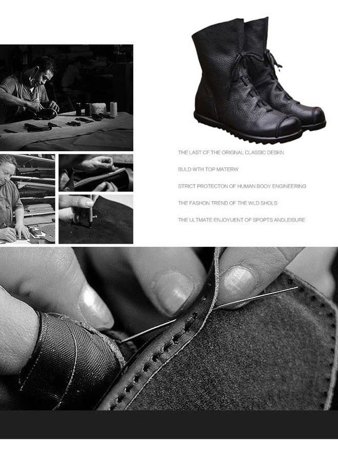 pearlzone Women's Genuine Leather Casual Soft Flat Boots,Renaissance Natural Leather Handmade Historical Shoes (9,camel plush), Camel Plush, 9 - Image 3