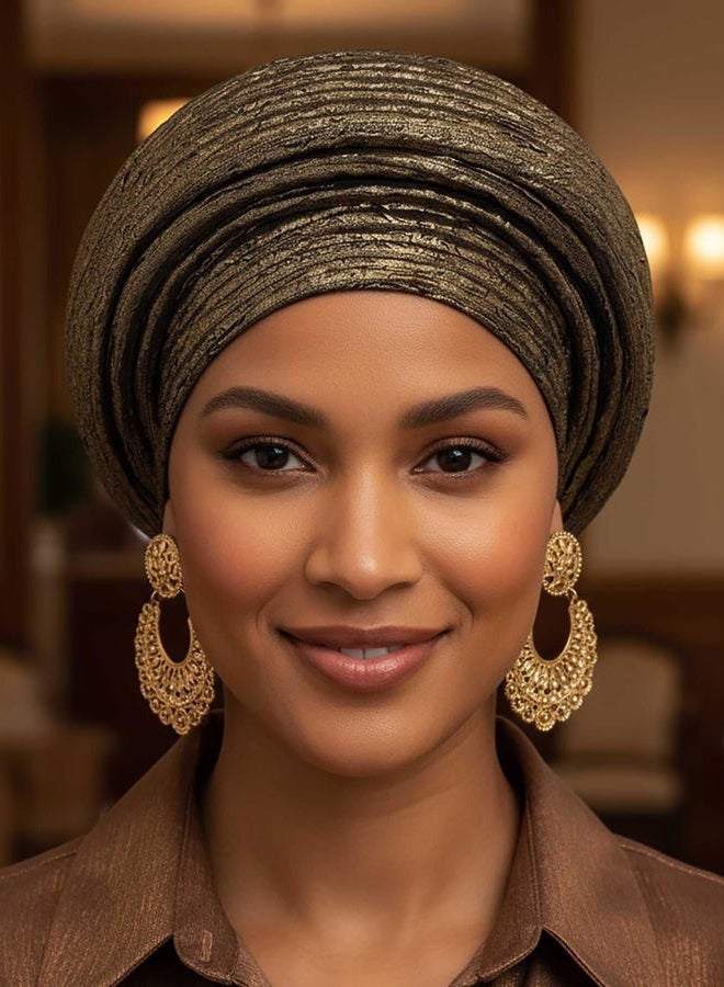 Woeoe Pre-Tied African Hats Gold Auto Gele African Head Wraps Church Turban for Women - Image 3