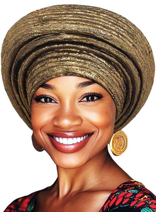 Woeoe Pre-Tied African Hats Gold Auto Gele African Head Wraps Church Turban for Women - Image 1