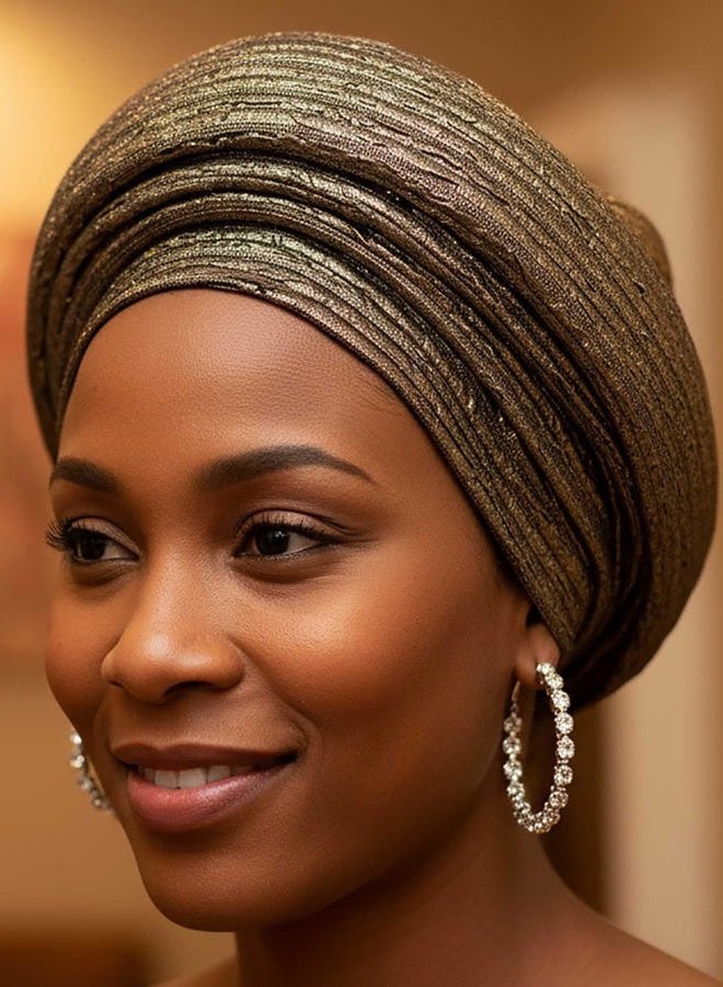 Woeoe Pre-Tied African Hats Gold Auto Gele African Head Wraps Church Turban for Women - Image 5