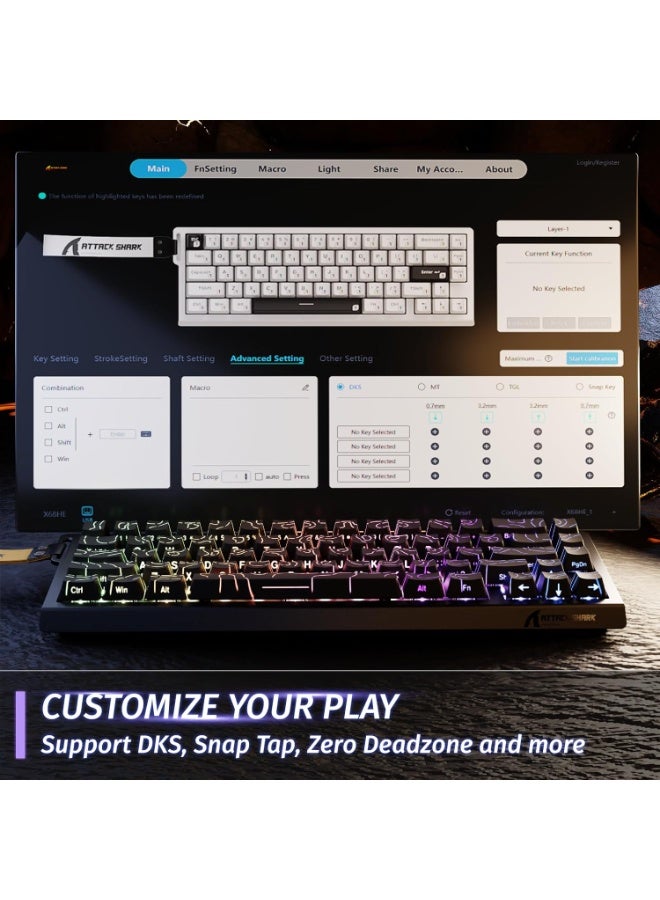 هجوم القرش لوحة مفاتيح هجوم القرش X68 HE ميكانيكية للألعاب سريع التفاعل سلكية مع تشغيل قابل للتعديل مفتاح مغناطيسي بتأثير هول، معدل استطلاع 8 كيلو هرتز، إضاءة خلفية RGB، تثبيت علوي، غطاء مفتاح مطبوع جانبي (محيط أسود) - Image 3