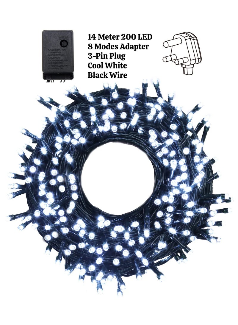 Yuwell 16 Meter 250 LED String Lights Decoration Lights Cool White Light 8 Modes Led Light Black Wire For Home Decorations Ramadan Lights Indoor & Outdoor Decoration Ramadan Decoration Light Diwali Lights Curtain Lights With 3-Pin UK Plug - Image 1